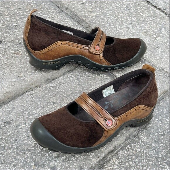 Merrell Plaza Bandeau Shoe Womens 6 Espresso Brown Suede Mary Jane Slip On Wedge - Picture 1 of 14